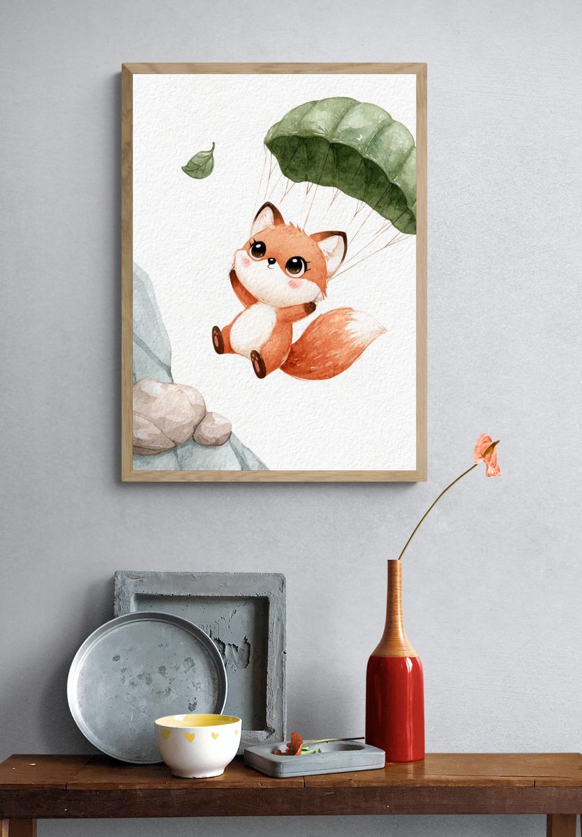 Parachuting Fox Watercolor Print. — room view 3
