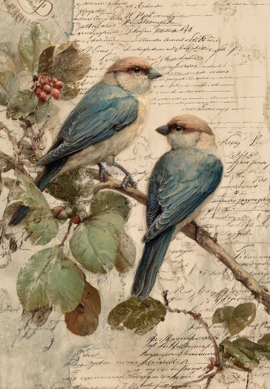 Bluebirds Botanical Vintage Poster. poster — animals art