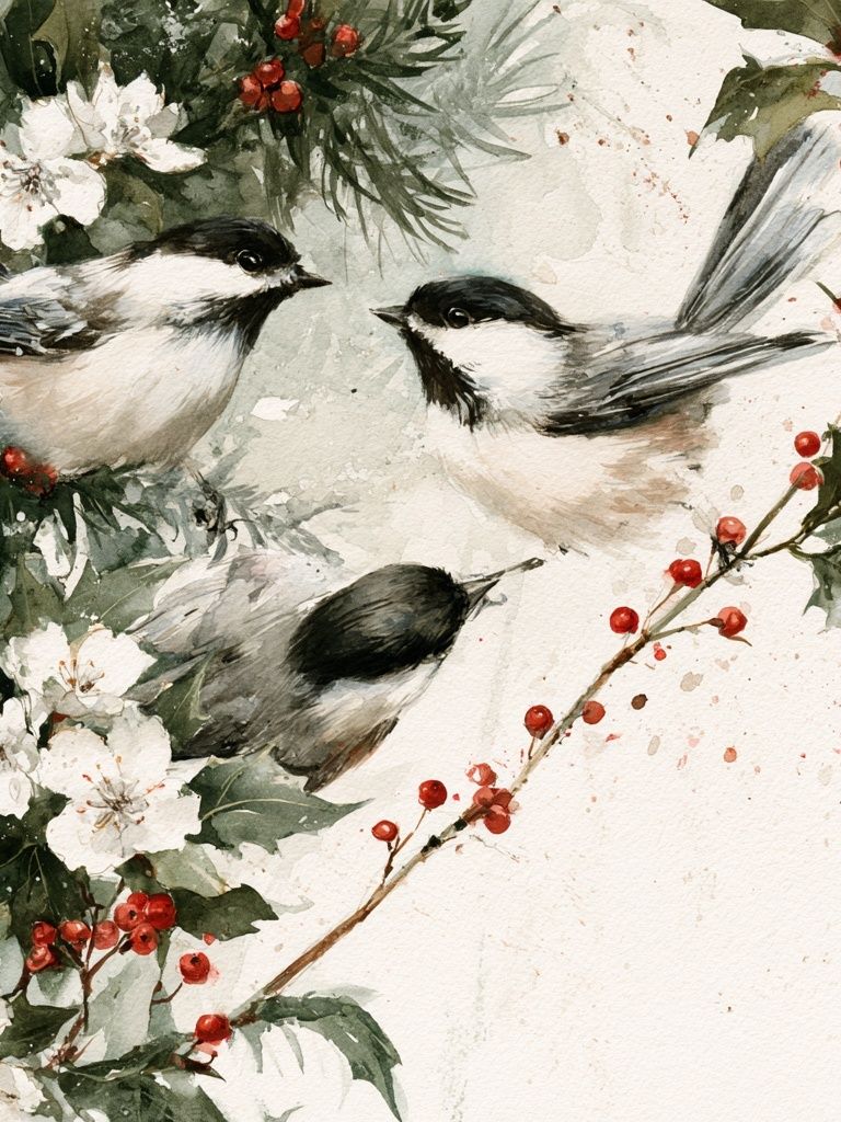 Chickadees and Winter Berries Print. poster detail