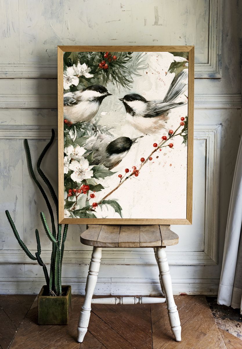Chickadees and Winter Berries Print. — room view 1