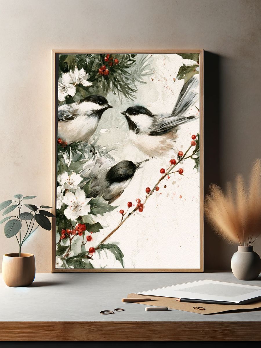 Chickadees and Winter Berries Print. — room view 2