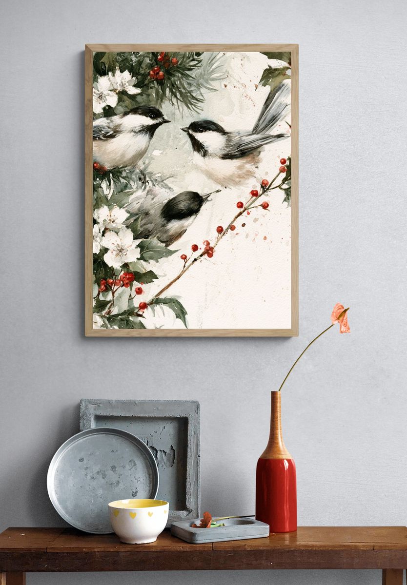 Chickadees and Winter Berries Print. — room view 3
