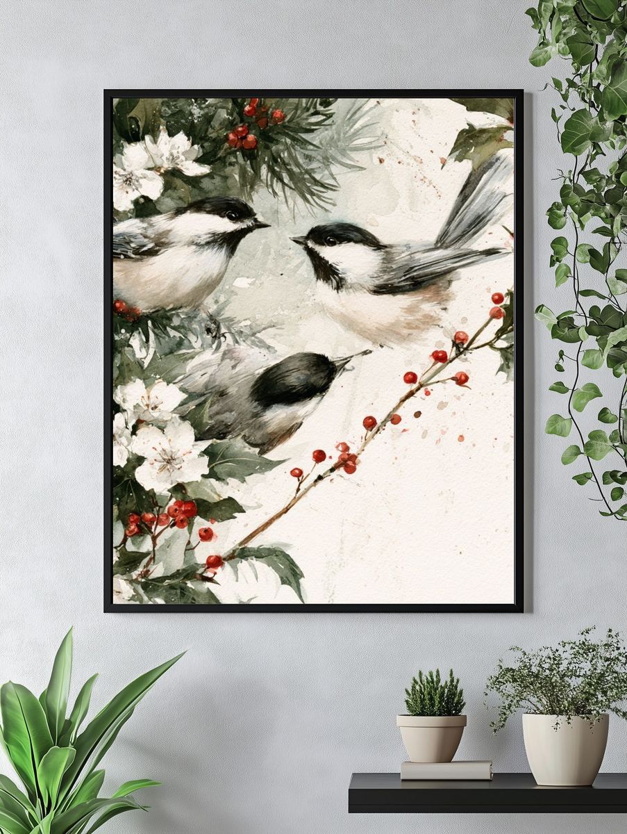 Chickadees and Winter Berries Print. — room view 4