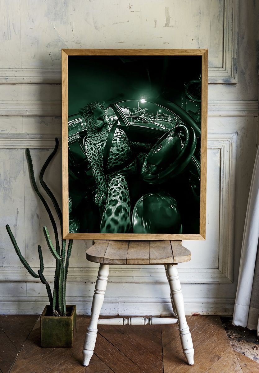 Leopard in Car Night Drive Poster. — room view 1