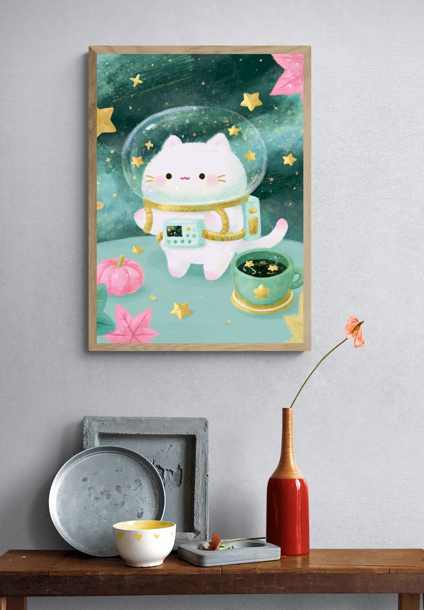 Astronaut Cat Digital Art Poster. — room view 3