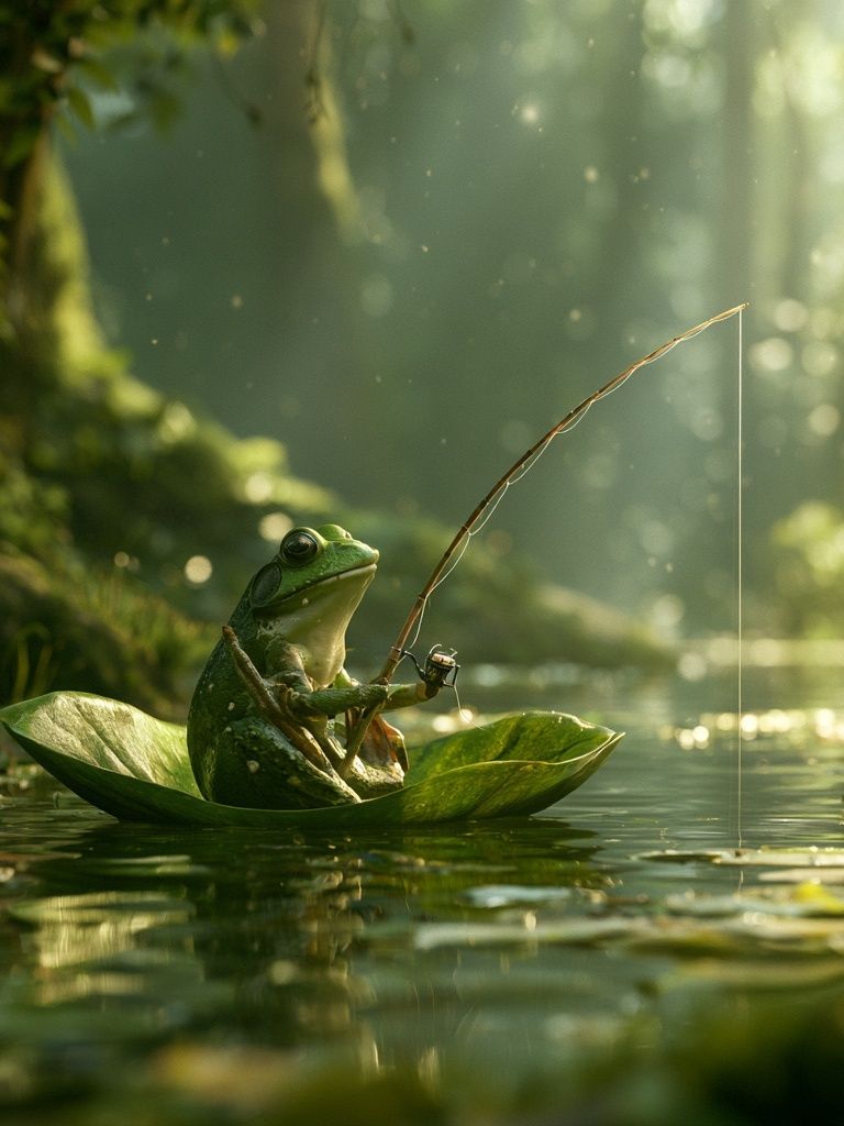 Fishing Frog in Forest Pond Poster. poster detail