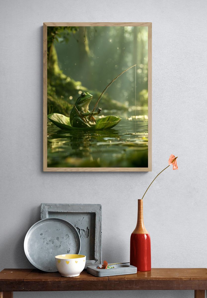 Fishing Frog in Forest Pond Poster. — room view 3