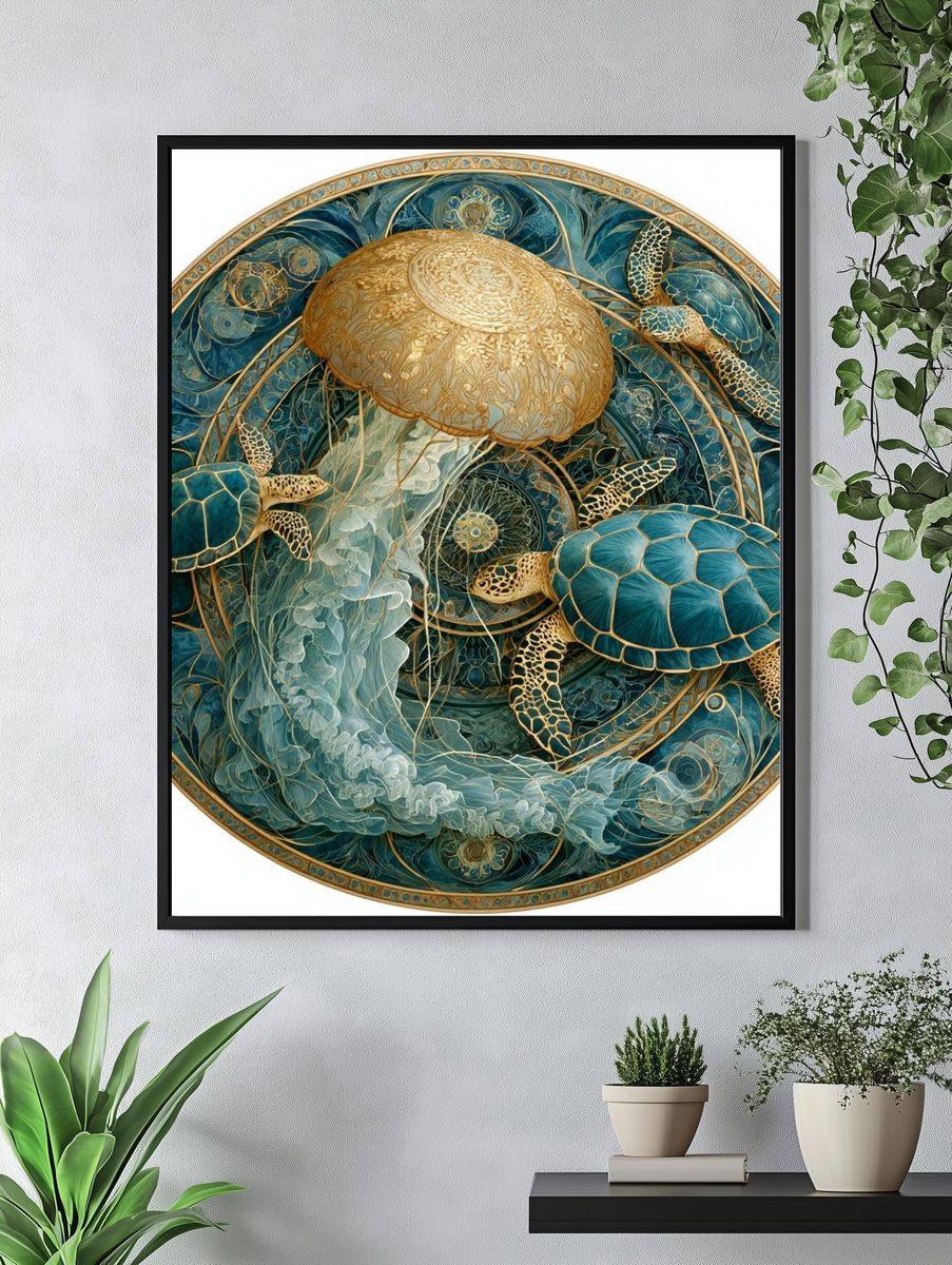 Sea Turtles Mandala Illustration Poster. — room view 4