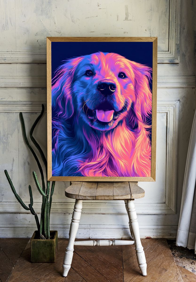 Neon Golden Retriever Illustration Poster. — room view 1