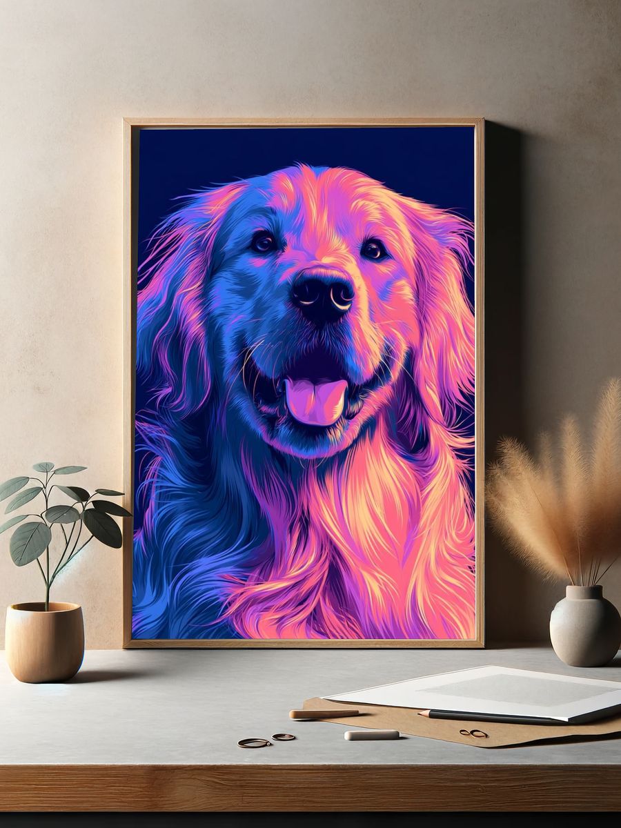 Neon Golden Retriever Illustration Poster. — room view 2