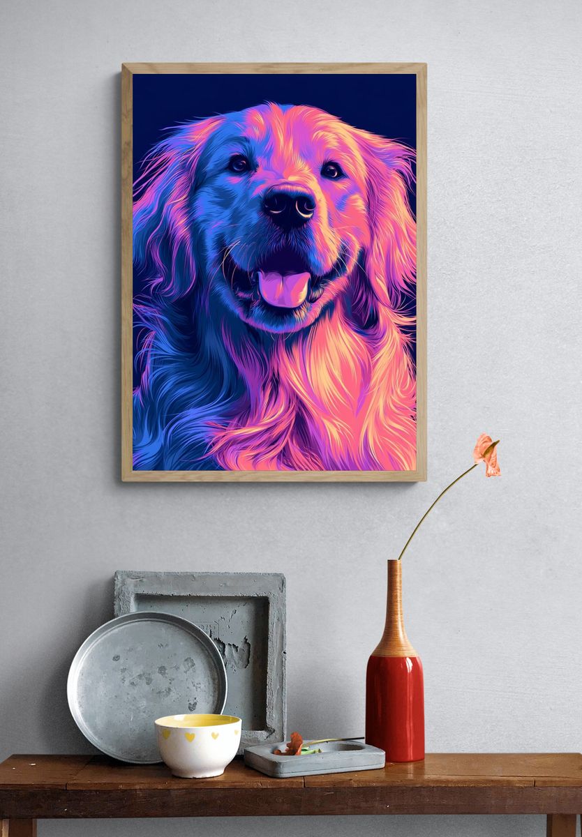 Neon Golden Retriever Illustration Poster. — room view 3