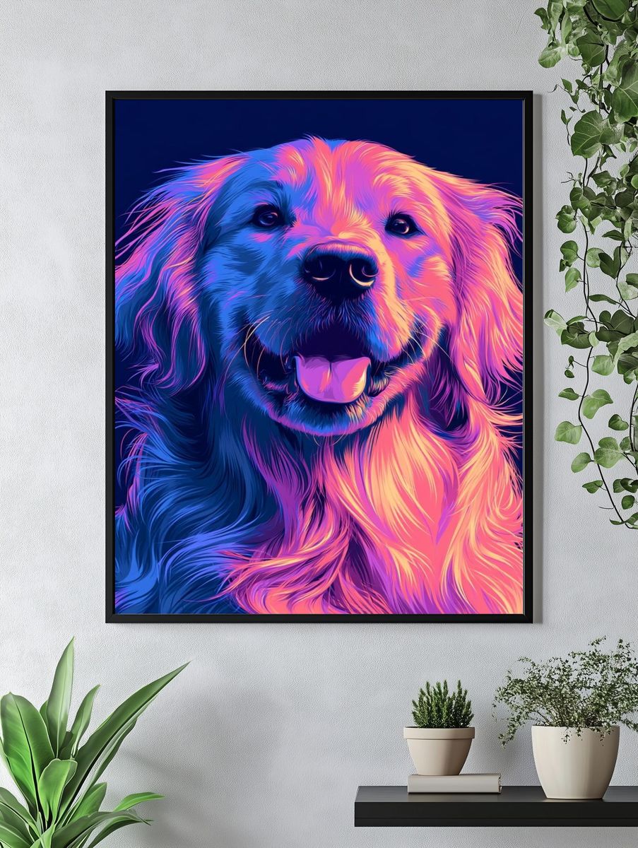 Neon Golden Retriever Illustration Poster. — room view 4