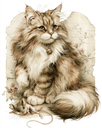 Fluffy Cat and Mouse Illustration Poster. poster