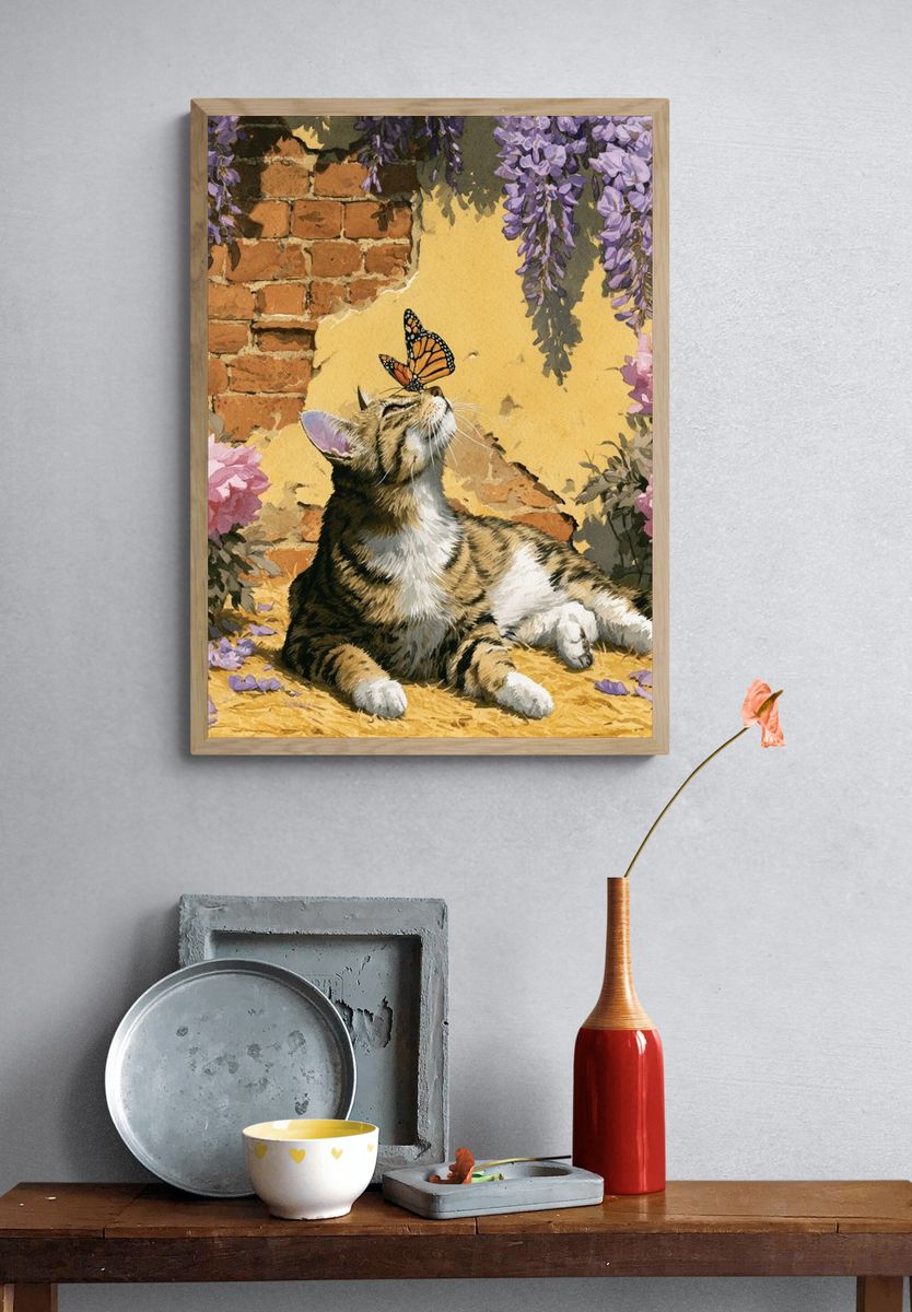 Cat and Butterfly Botanical Print. — room view 3
