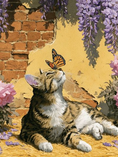 Cat and Butterfly Botanical Print. poster
