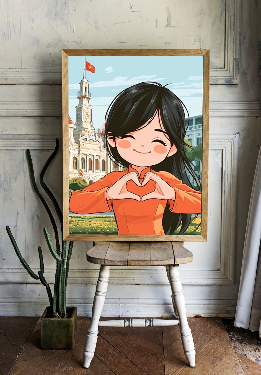 Smiling Girl in Orange Illustration Poster. — room view 1