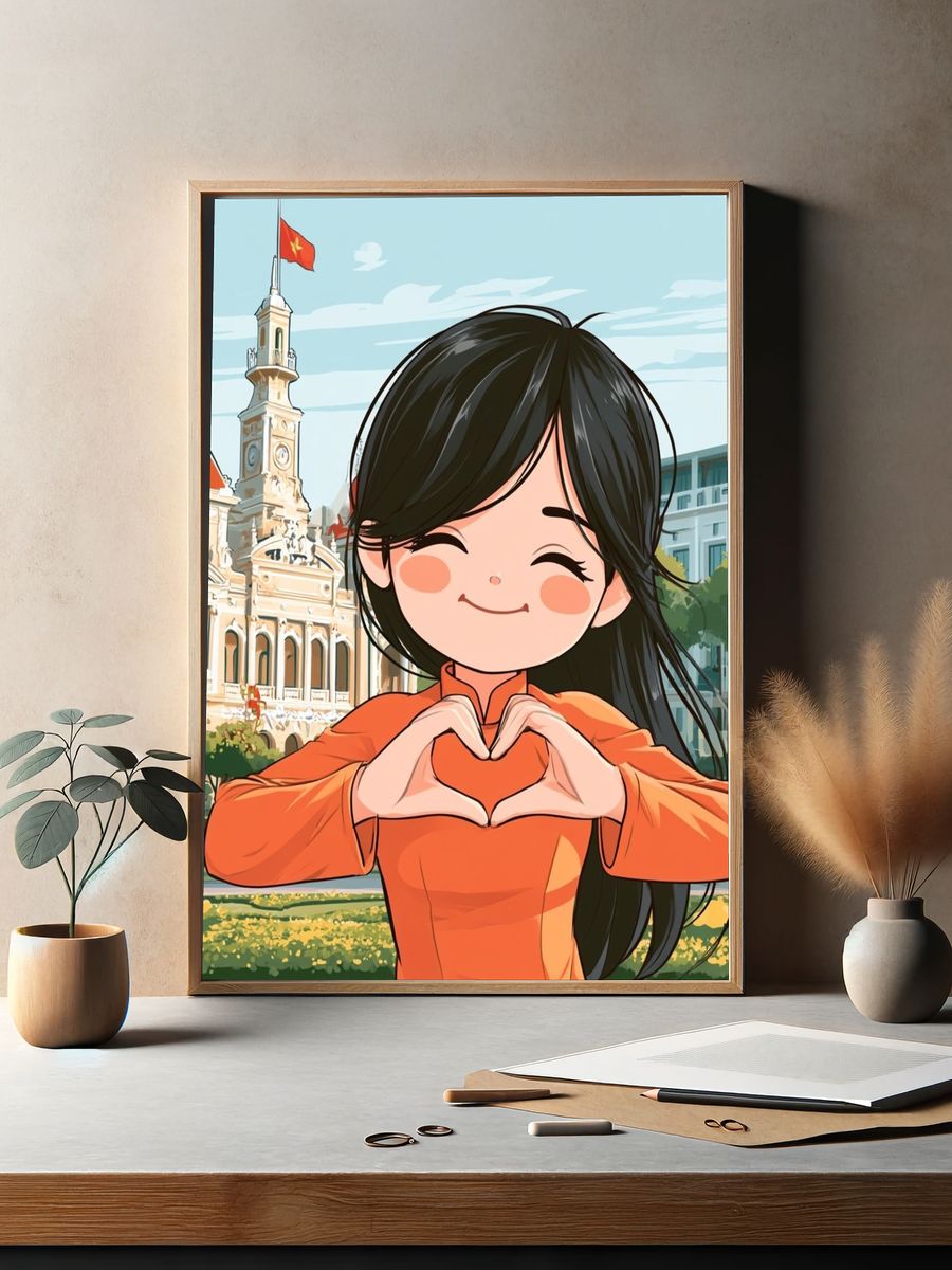 Smiling Girl in Orange Illustration Poster. — room view 2