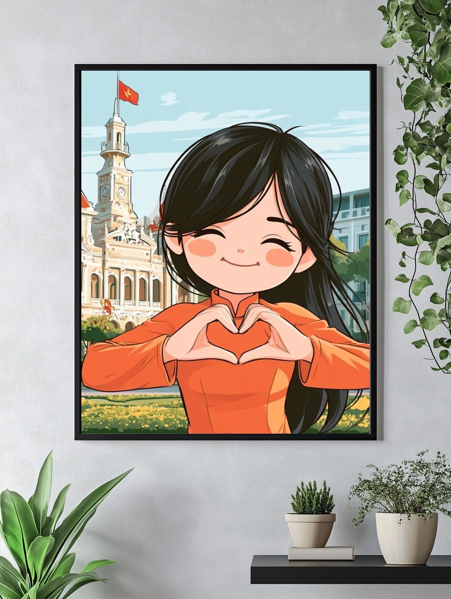 Smiling Girl in Orange Illustration Poster. — room view 4
