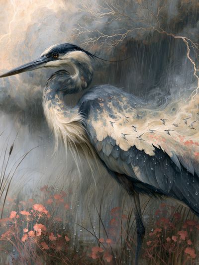 Heron in Rain — Illustration Print. poster