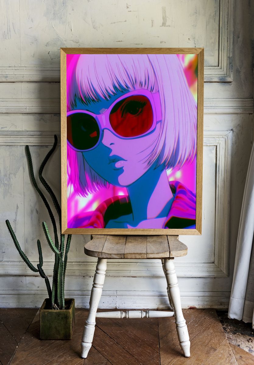 Neon Anime Girl Portrait Poster. room preview