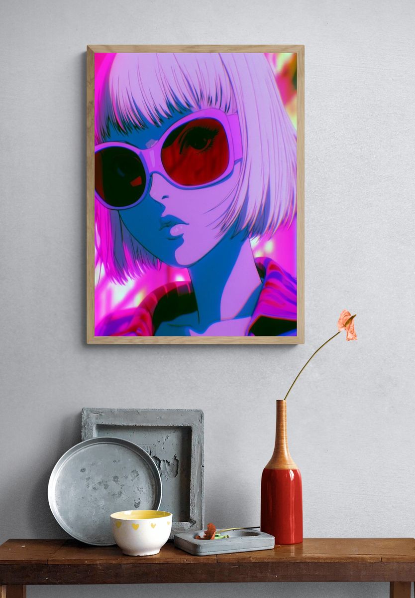 Neon Anime Girl Portrait Poster. — room view 3