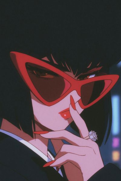 Anime Woman in Red Glasses Poster. poster