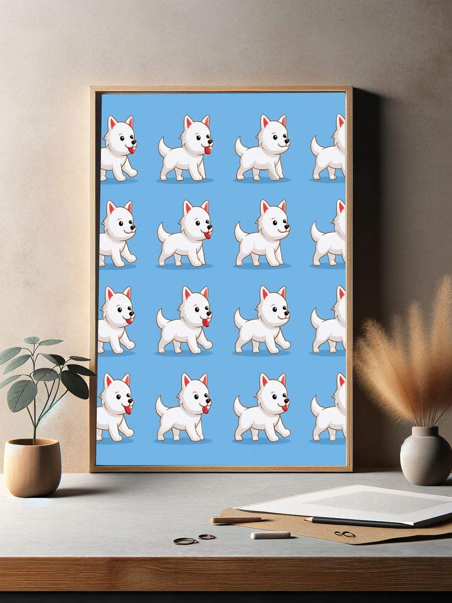 White Puppy Pattern Illustration Poster. — room view 2
