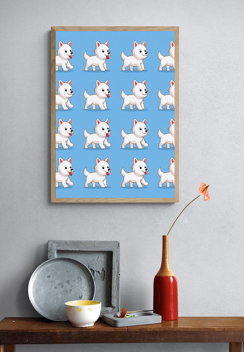 White Puppy Pattern Illustration Poster. — room view 3