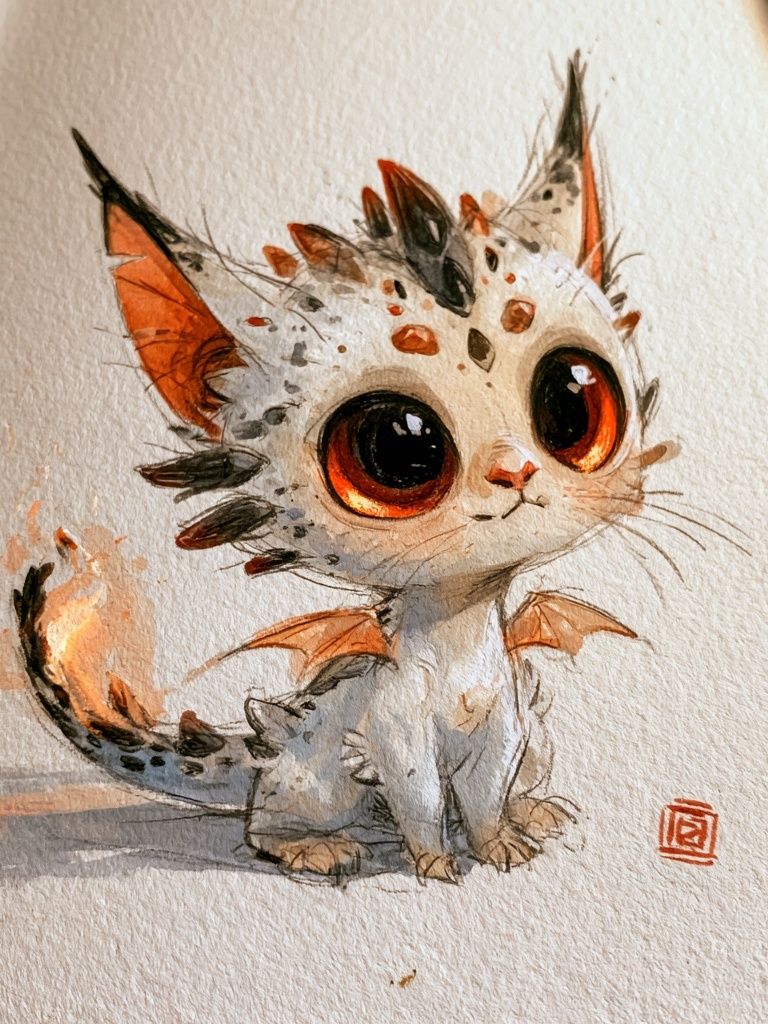 Cute Dragon Kitten Watercolor Poster. poster detail