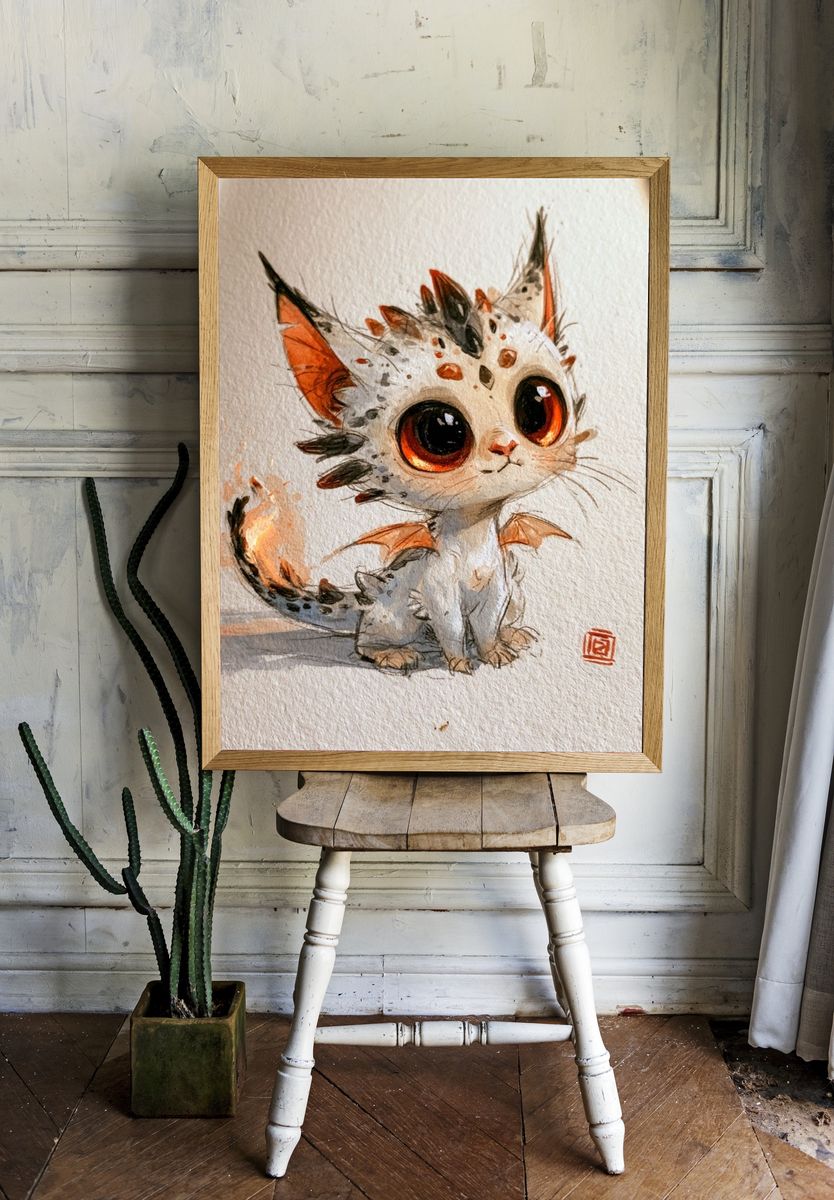 Cute Dragon Kitten Watercolor Poster. — room view 1