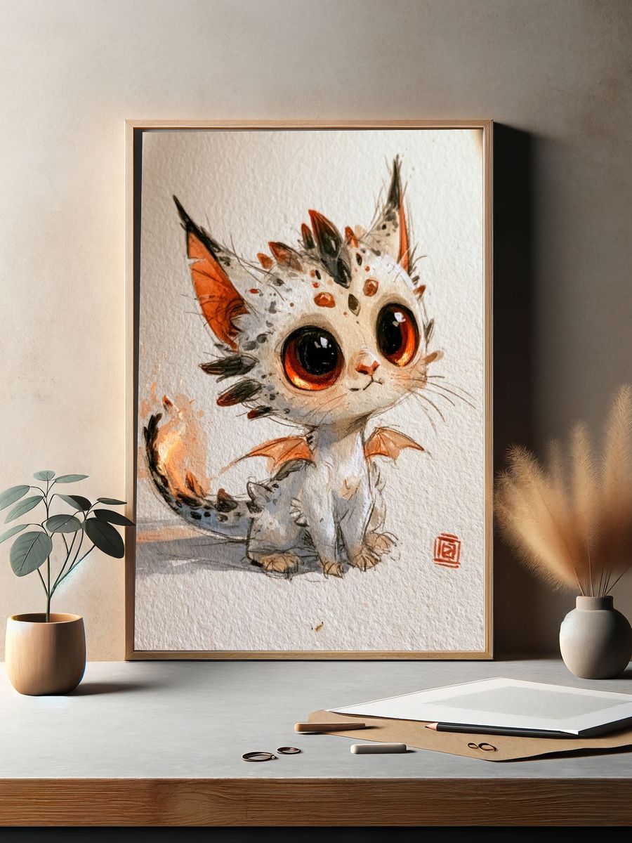 Cute Dragon Kitten Watercolor Poster. — room view 2