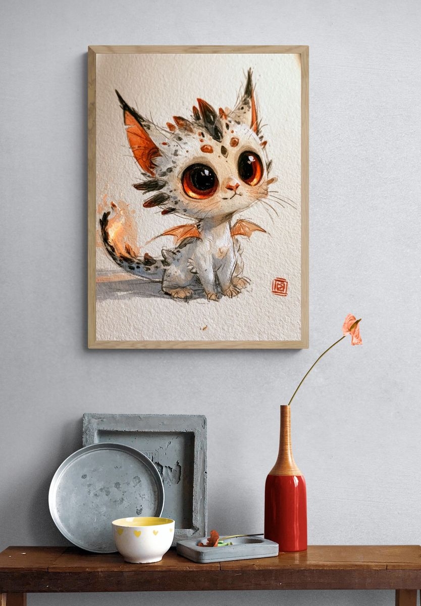 Cute Dragon Kitten Watercolor Poster. — room view 3