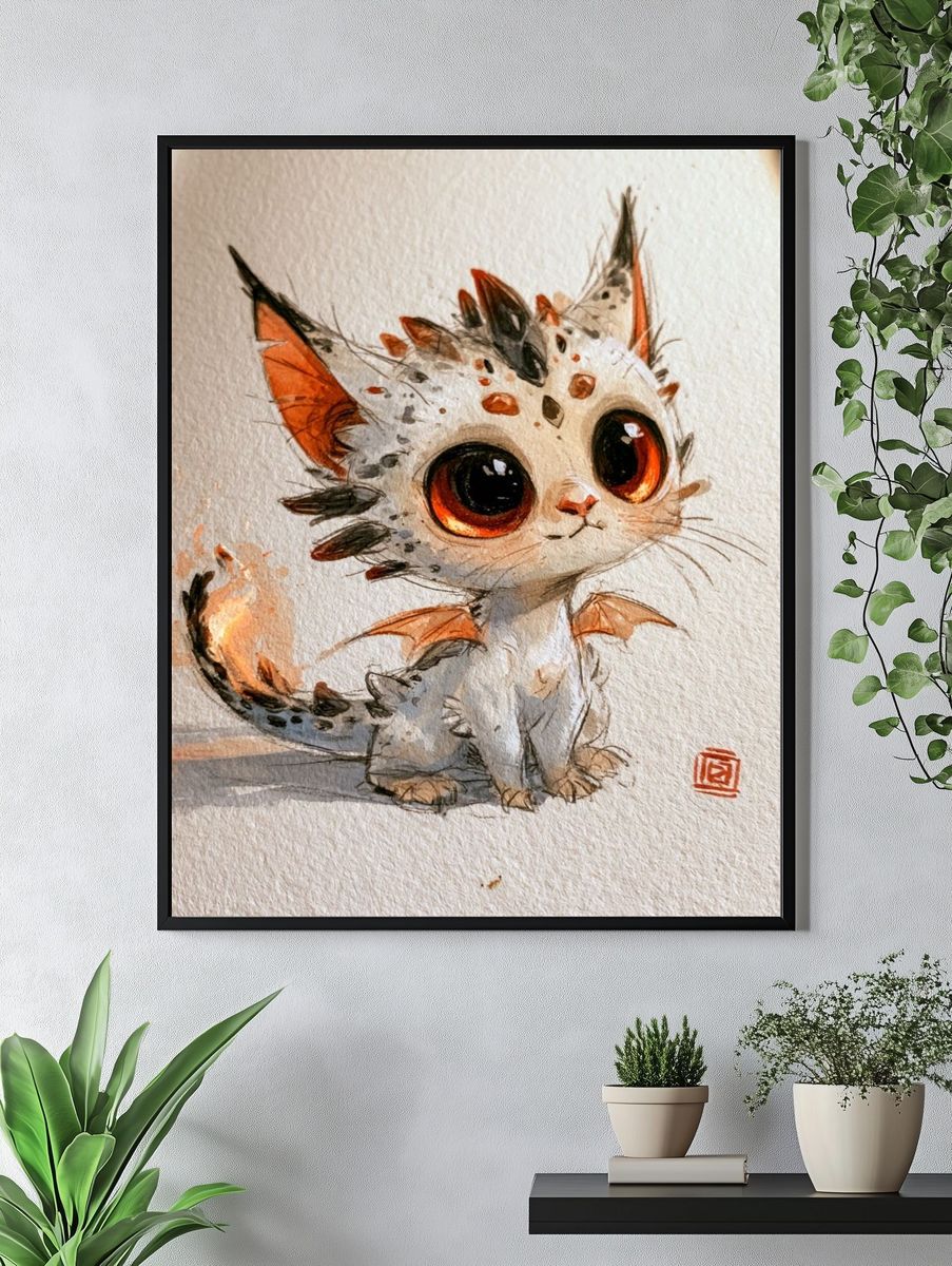 Cute Dragon Kitten Watercolor Poster. — room view 4