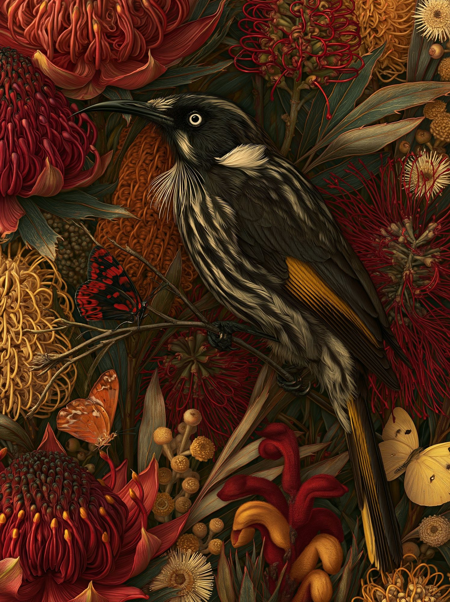 Tui Among Native Blooms Print. poster — animals art