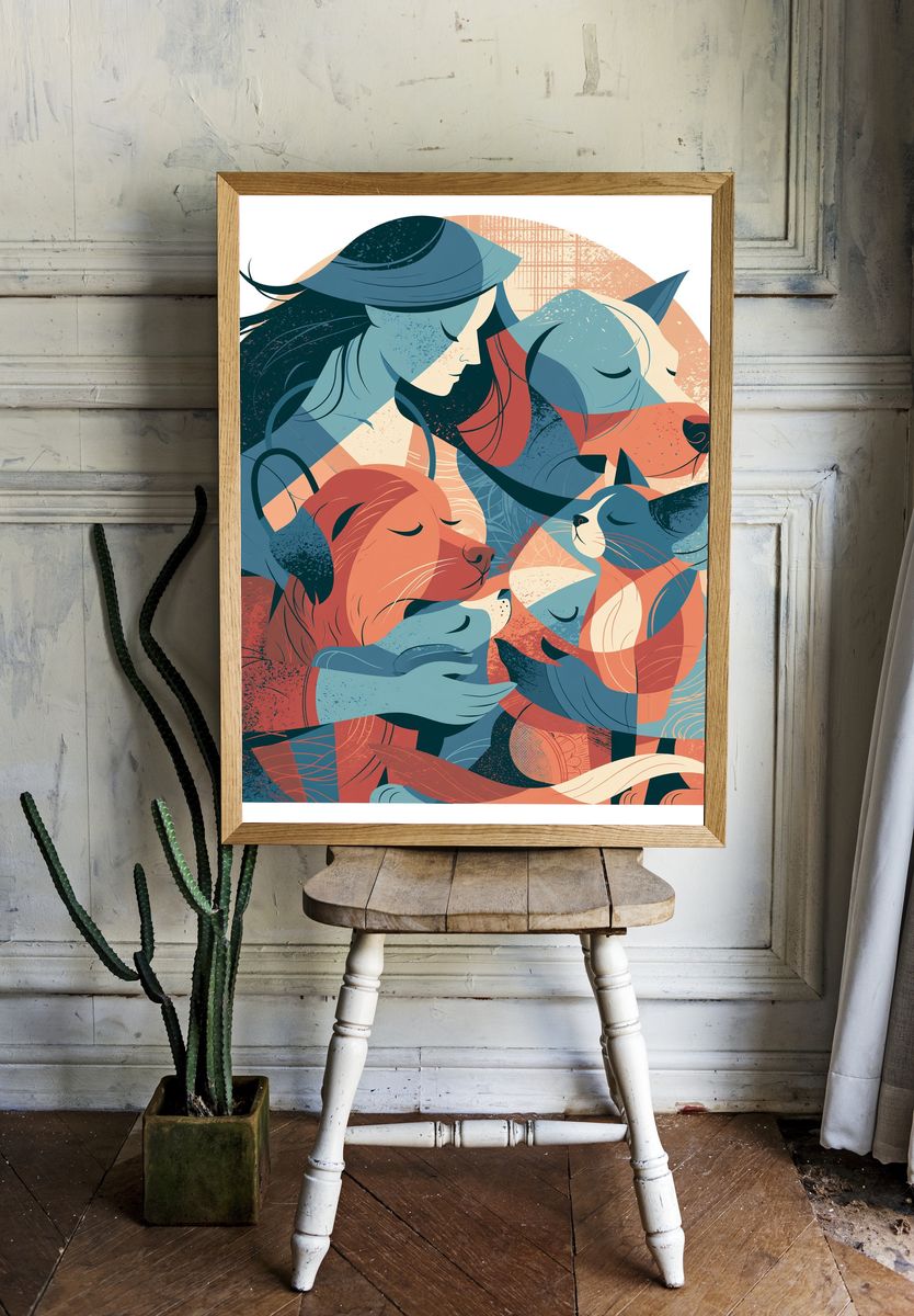 Sleeping Cats and Dog Illustration Poster. — room view 1