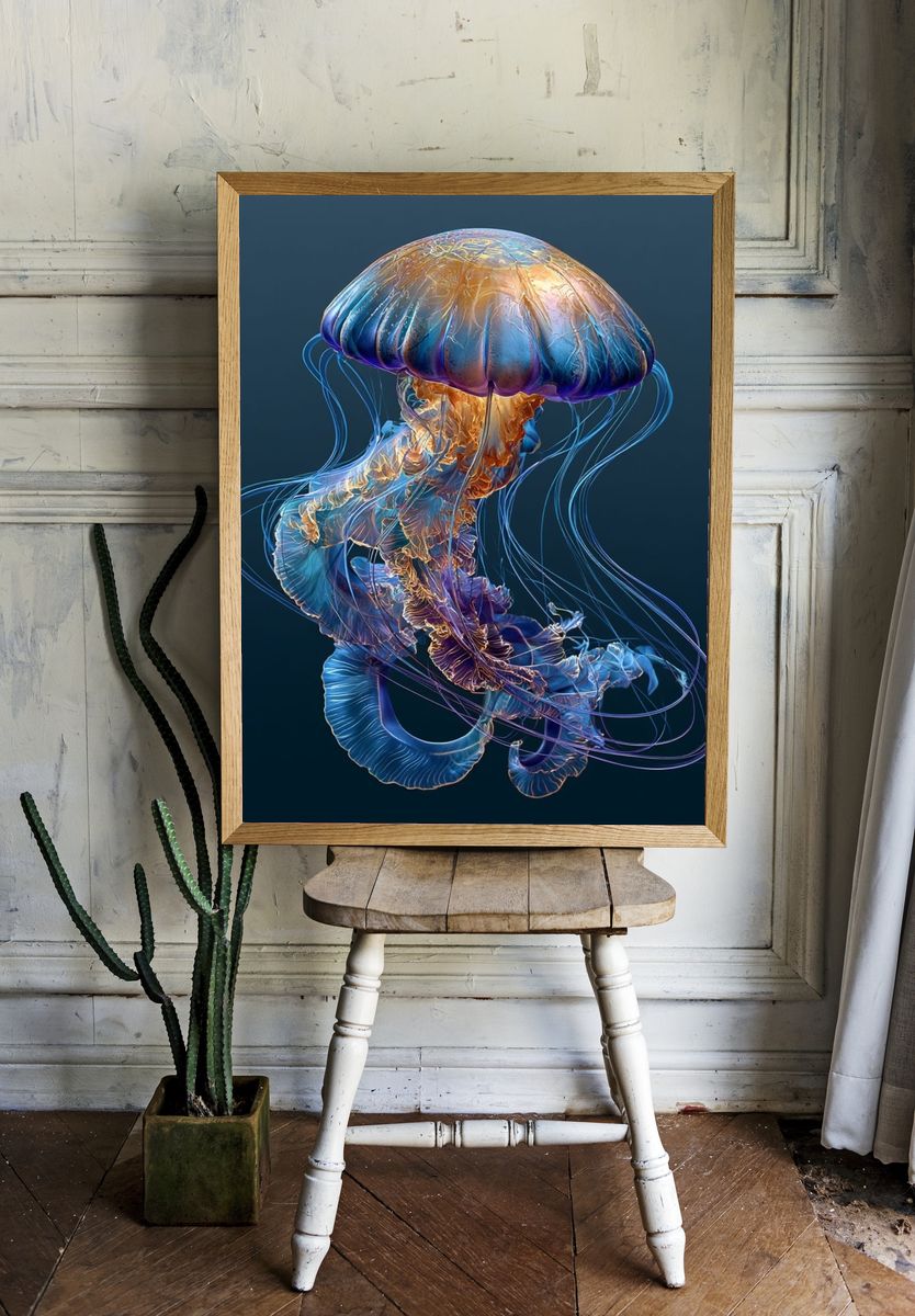 Neon Jellyfish Illustration Poster. — room view 1