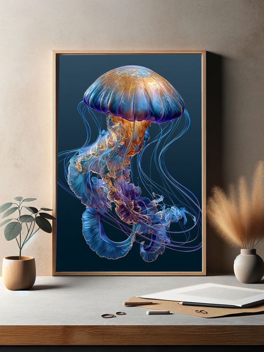 Neon Jellyfish Illustration Poster. — room view 2