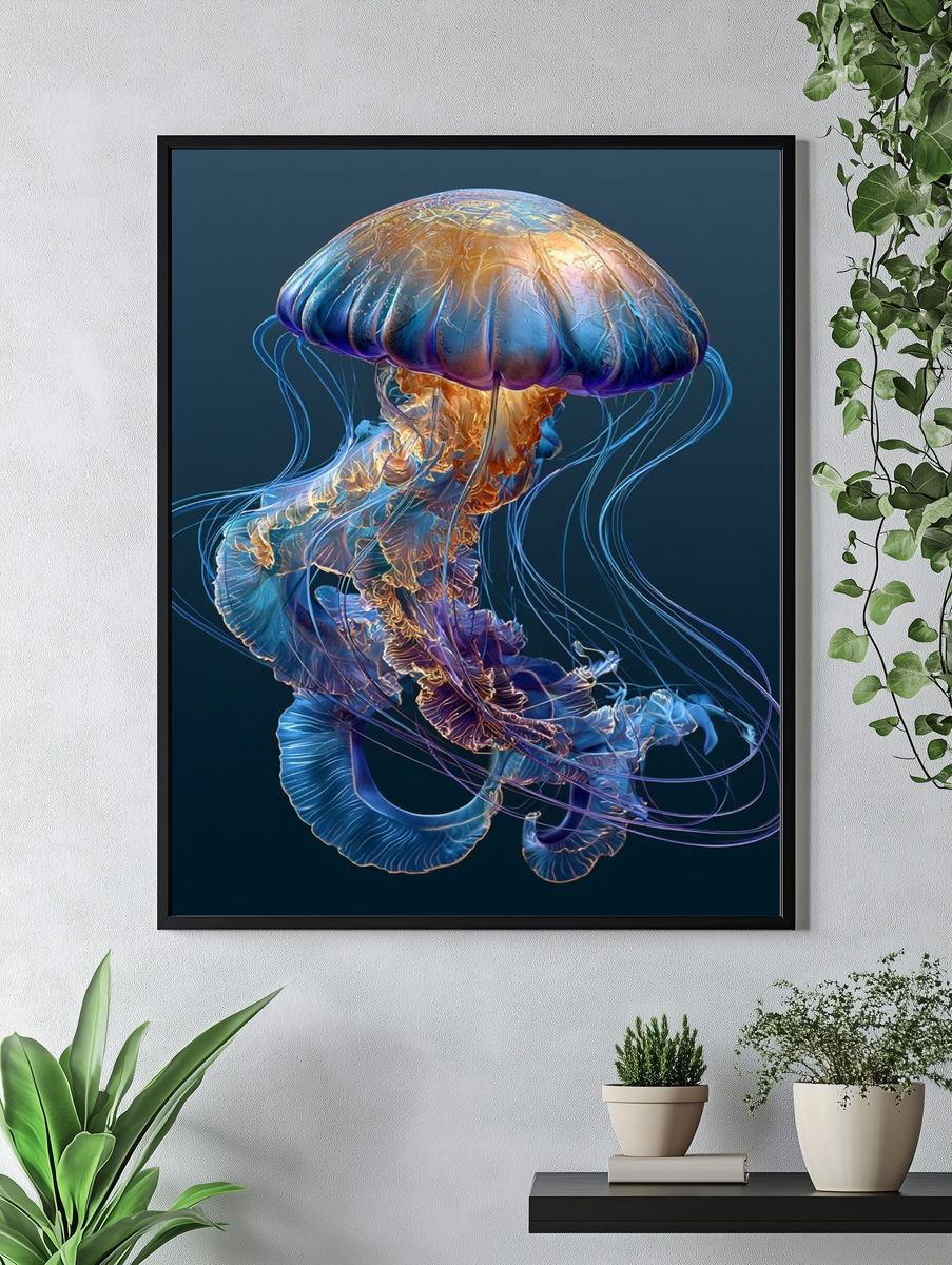 Neon Jellyfish Illustration Poster. — room view 4