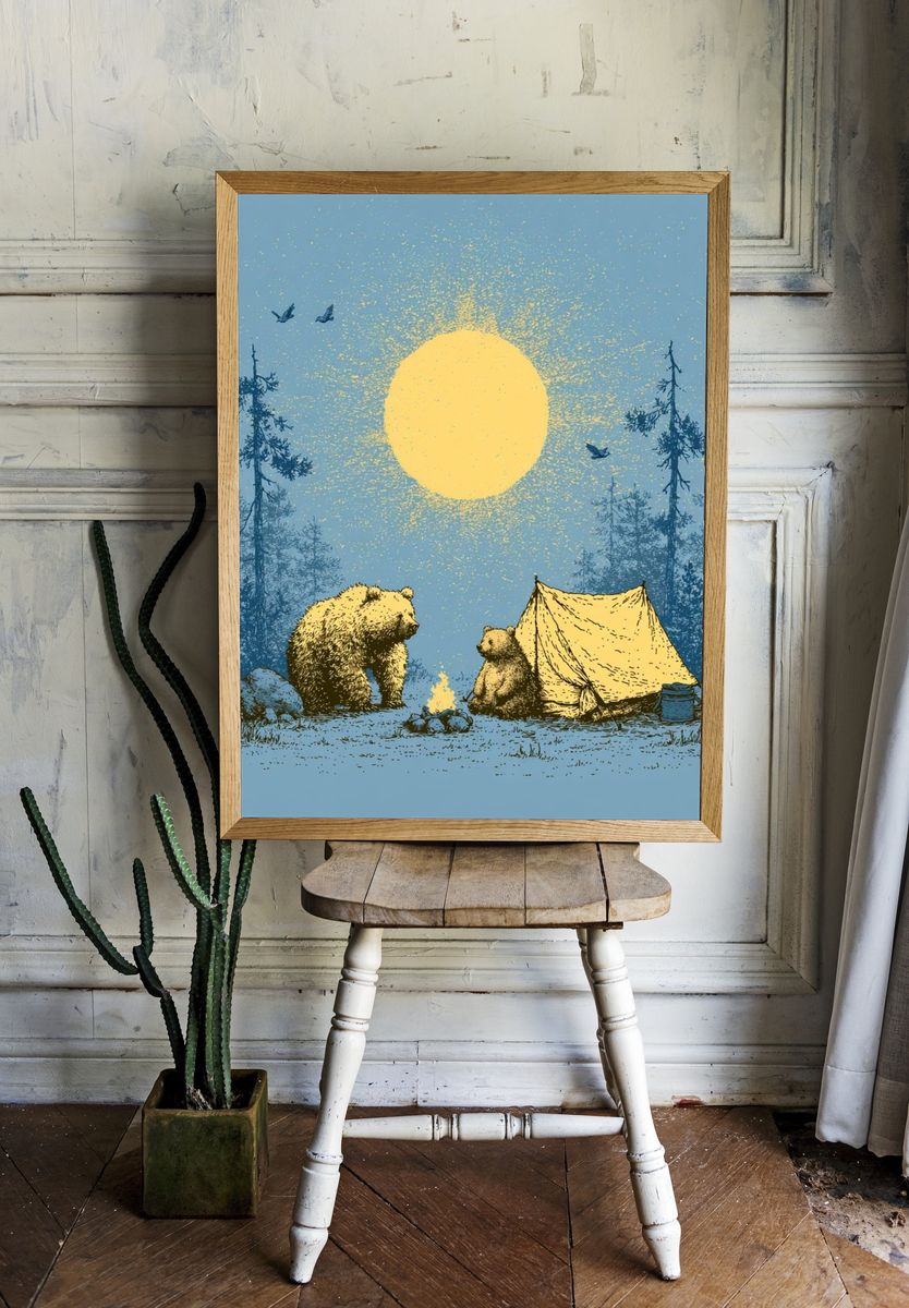 Bear Campfire Night Illustration Poster. — room view 1