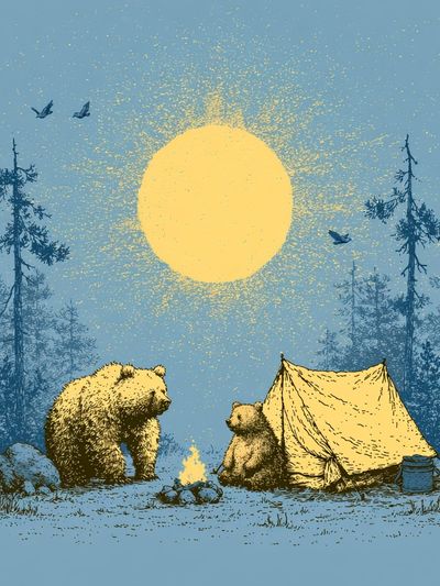 Bear Campfire Night Illustration Poster. poster