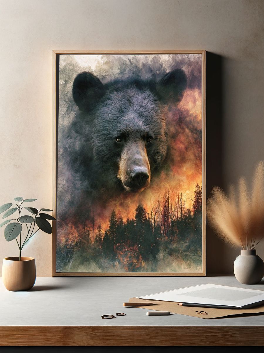 Bear Forest Fire Illustration Poster. — room view 2