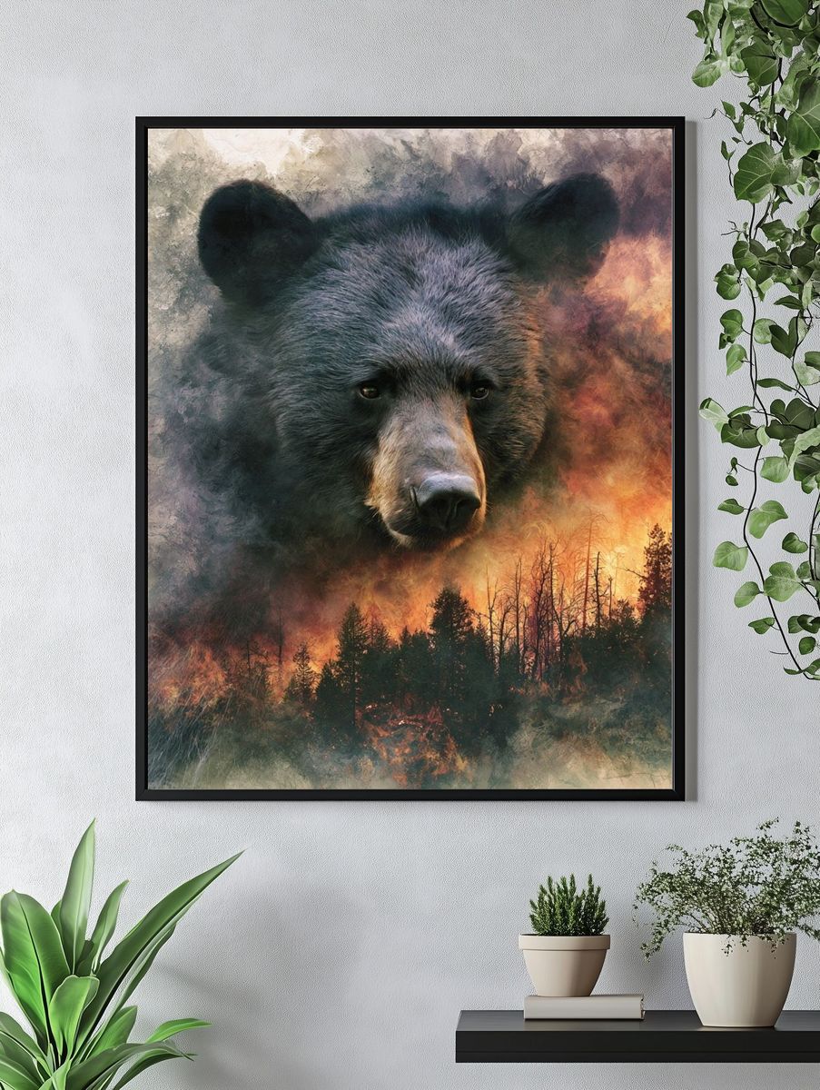 Bear Forest Fire Illustration Poster. — room view 4