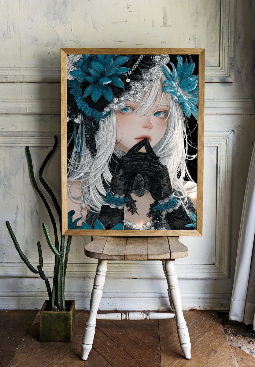 Gothic Floral Anime Portrait Poster. — room view 1
