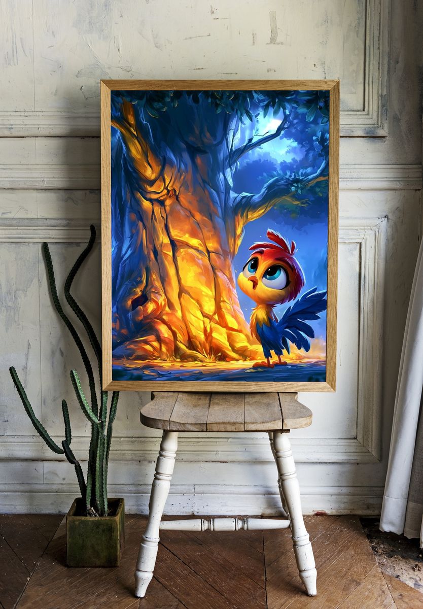 Curious Bird in Moonlit Forest Poster. — room view 1