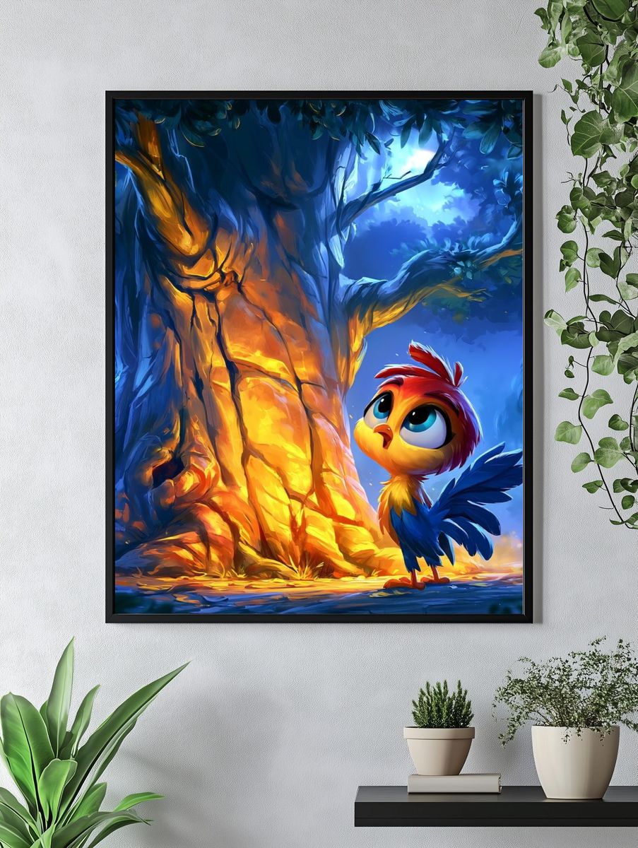 Curious Bird in Moonlit Forest Poster. — room view 4