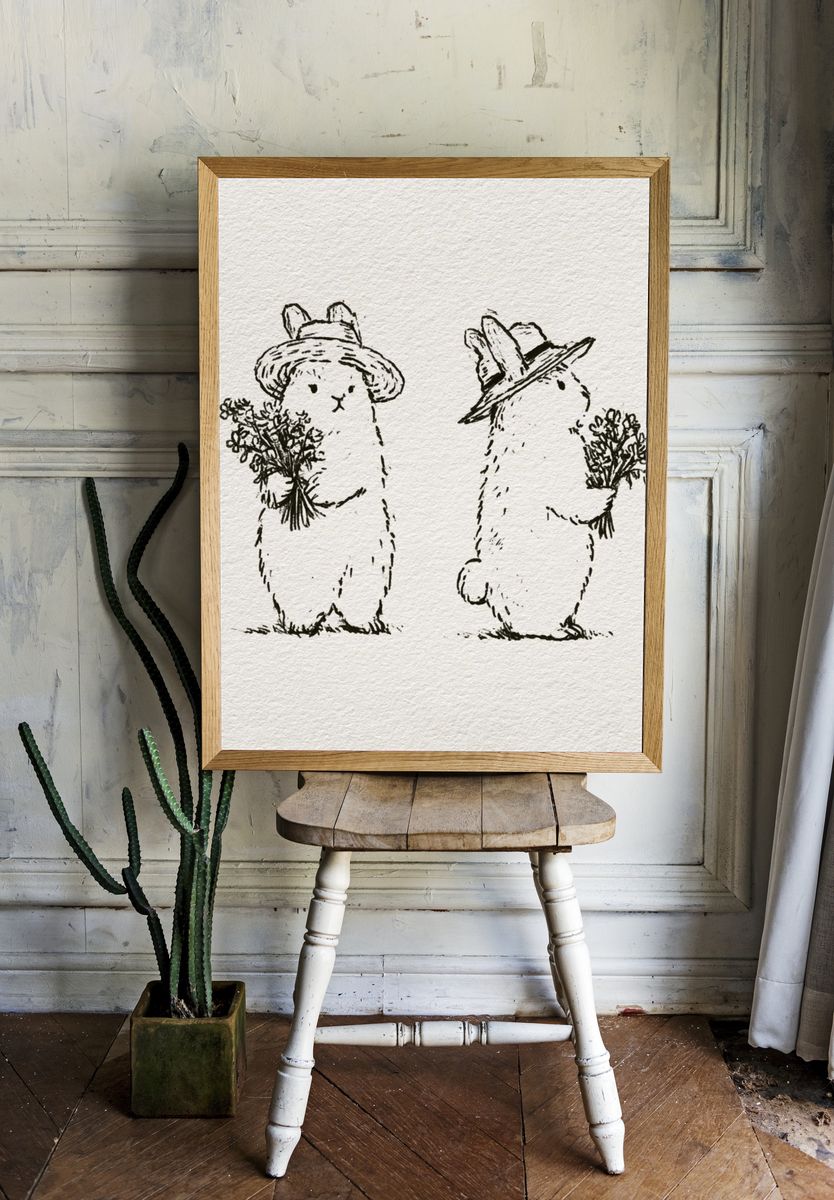 Bunny Duo Line Art Print. — room view 1