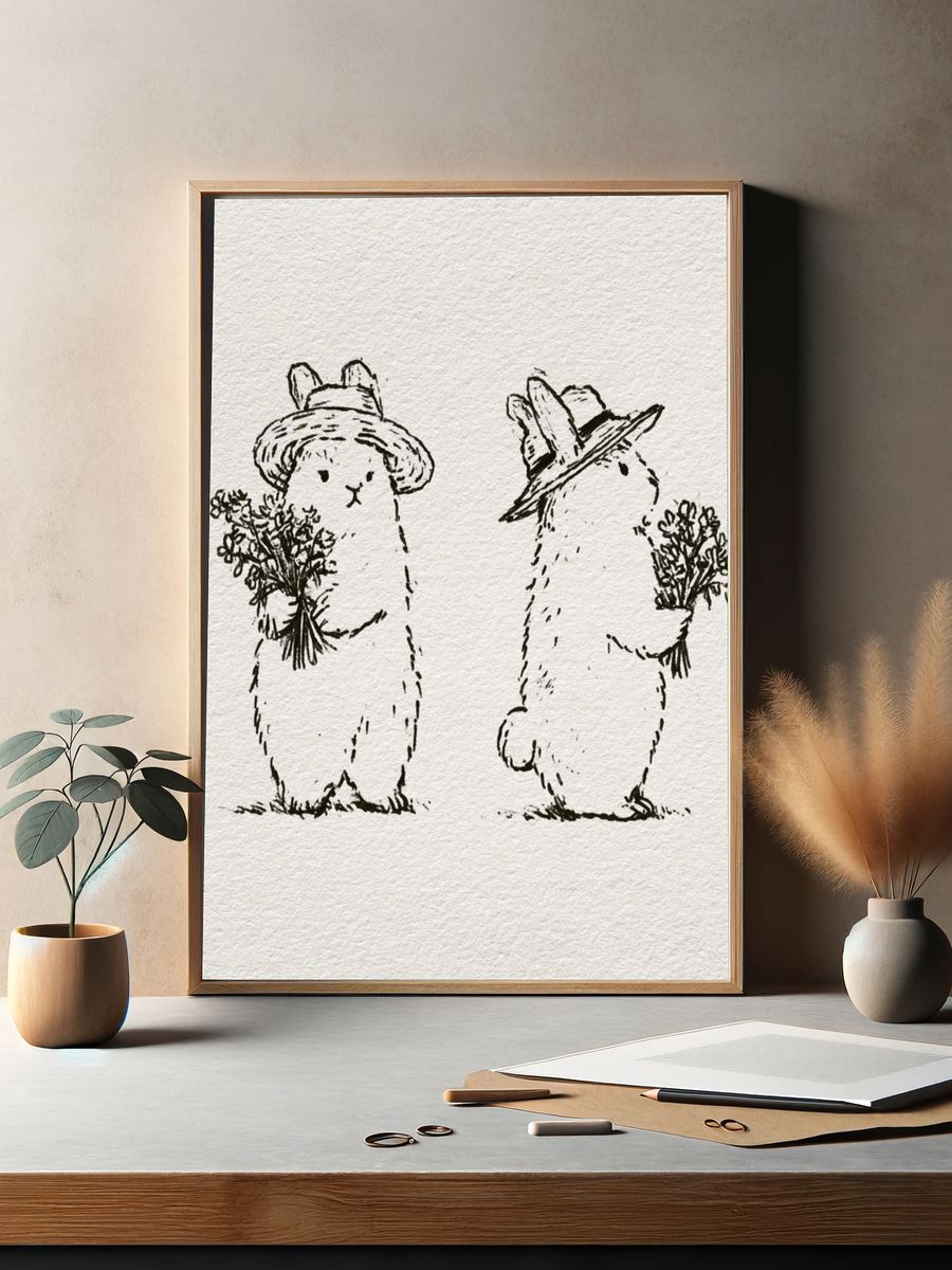 Bunny Duo Line Art Print. — room view 2