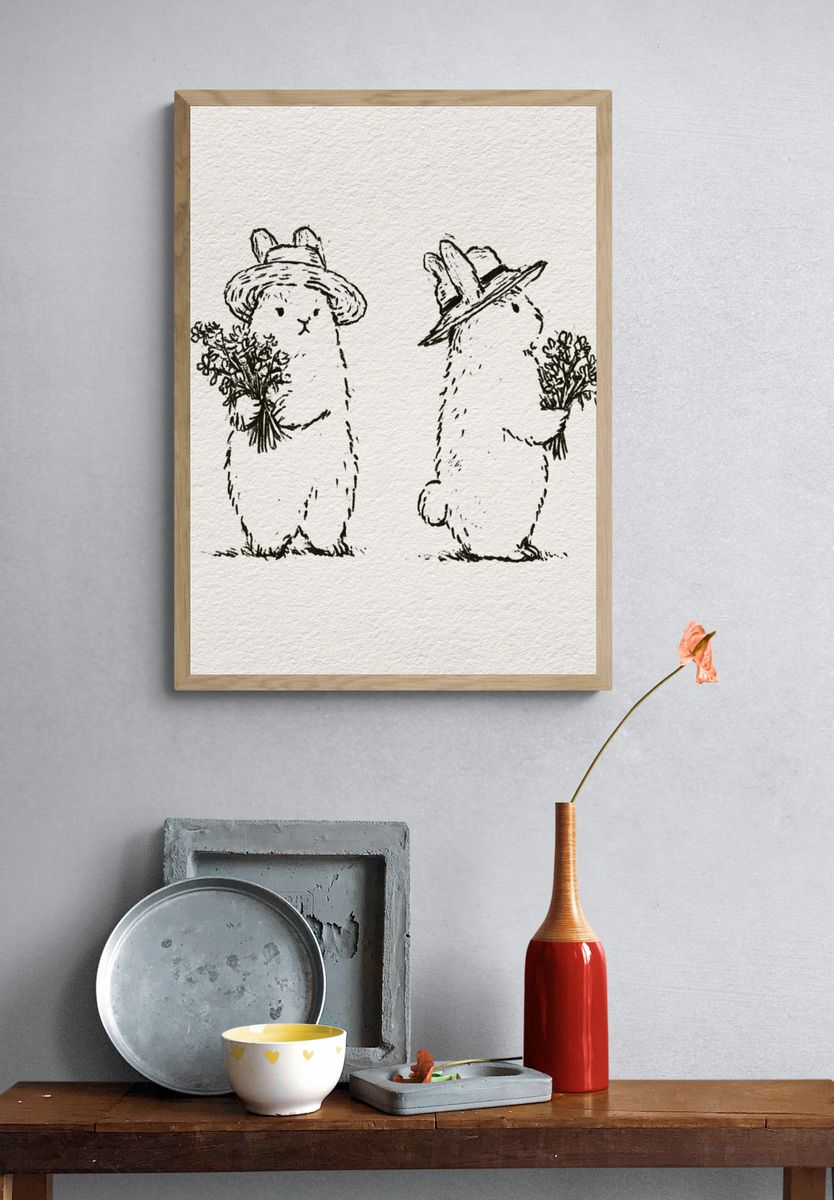Bunny Duo Line Art Print. — room view 3