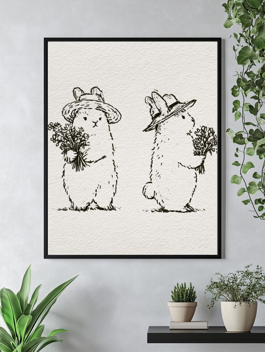 Bunny Duo Line Art Print. — room view 4
