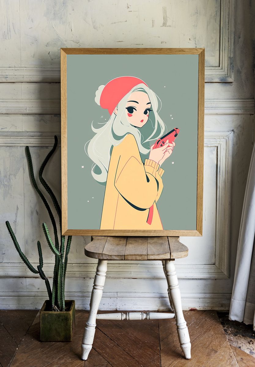 Anime Girl with Phone Print. — room view 1
